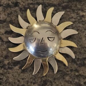 Vintage MCM Taxco Mexican Sterling Silver Gold Sun Face Brooch